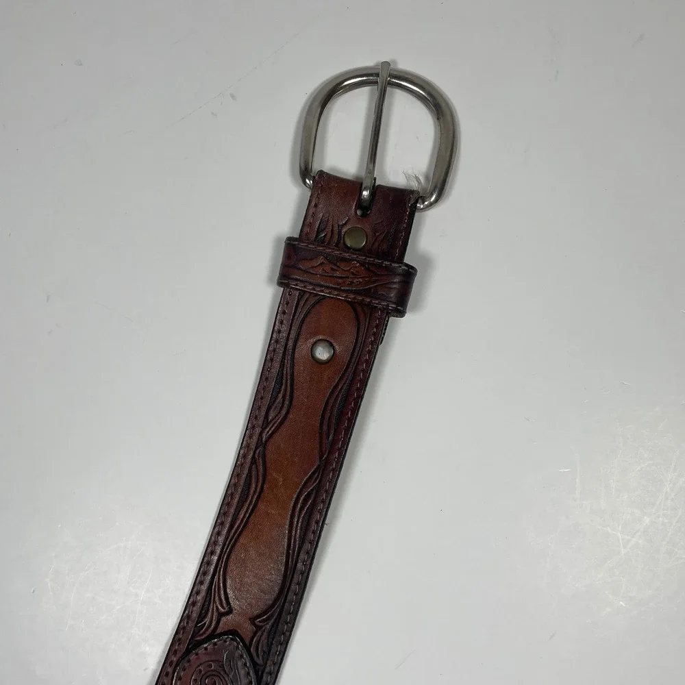Vintage Silver Canyon Tooled Leather Eagle Belt Mens 40 Brown Western Cowboy